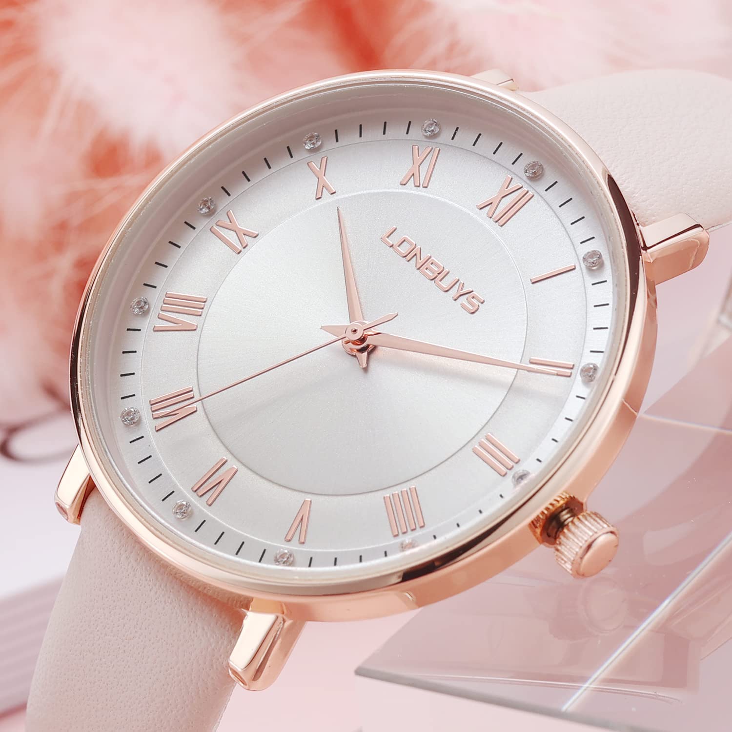 LONBUYS Women's Quartz Watch with Leather Strap,Waterproof Rose Gold Black Leather Band Wrist Watch Ladies Wristwatch for Dress Casual Business - Image 3